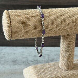 Vintage Amethysts Diamonds .925 Sterling Silver Tennis Hug Kisses Bracelet 7.5